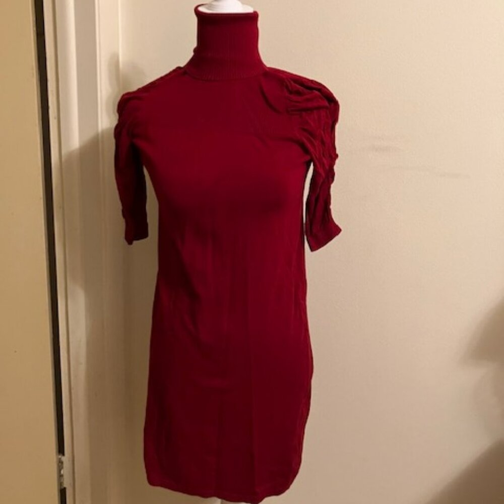 Deep Red Turtleneck Dress with Ruche Shoulders